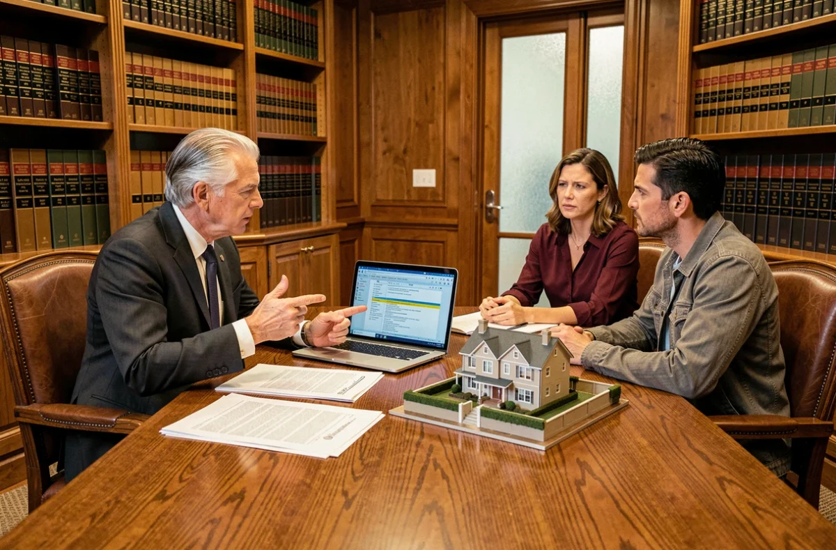 Un avocat spécialisé en droit immobilier conseillant un couple sur les recours légaux suite à une tromperie du vendeur