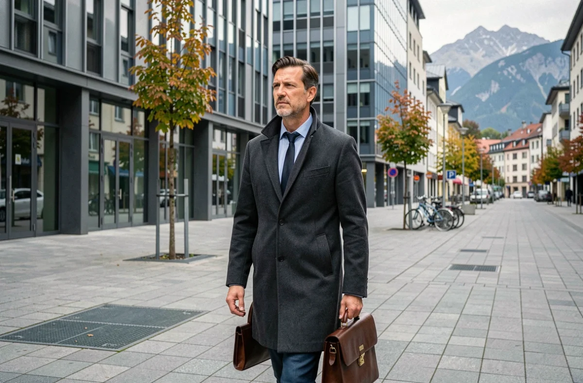 Cadre supérieur marchant dans une avenue du quartier Île Verte à Grenoble avec immeubles modernes et montagnes en arrière-plan