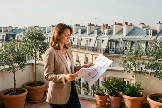 Chasseuse d'appartement sur une terrasse parisienne avec vue sur les toits haussmanniens, tenant des plans architecturaux