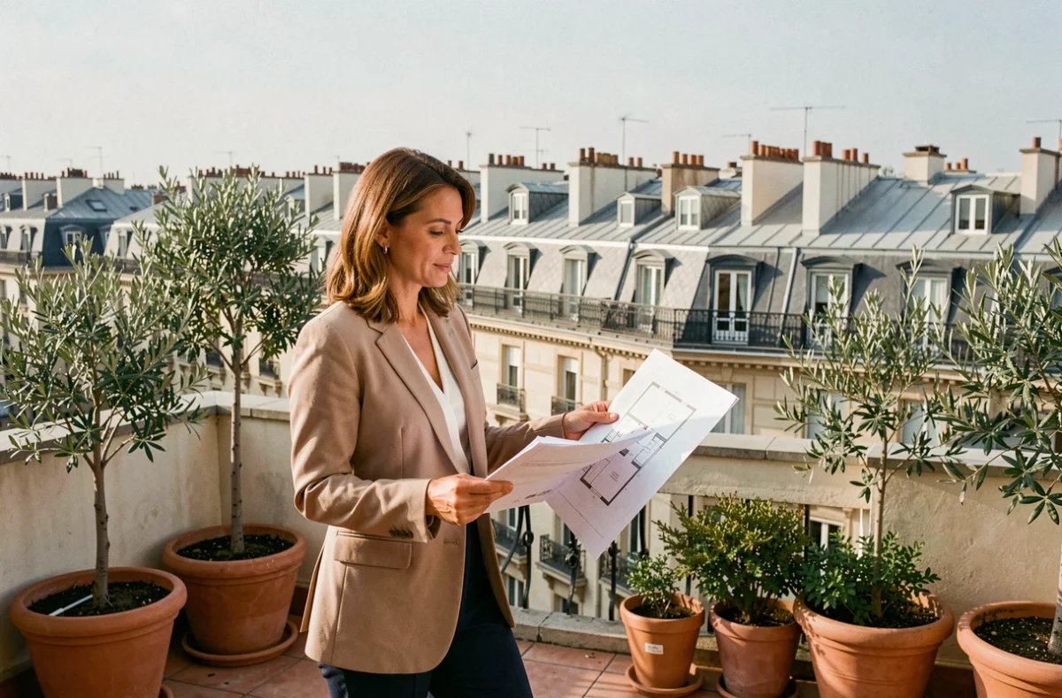 Chasseuse d'appartement sur une terrasse parisienne avec vue sur les toits haussmanniens, tenant des plans architecturaux