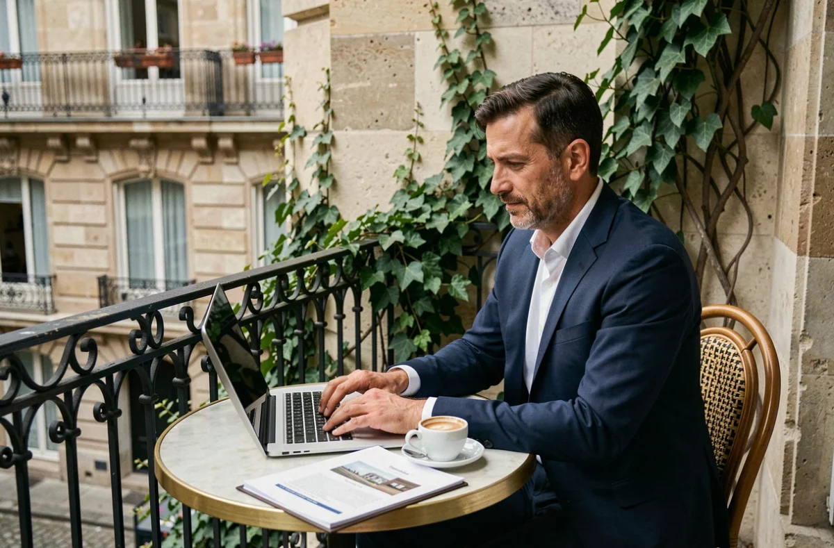 Chasseur immobilier travaillant sur une terrasse privée dans le Marais à Paris, entouré d'architecture historique