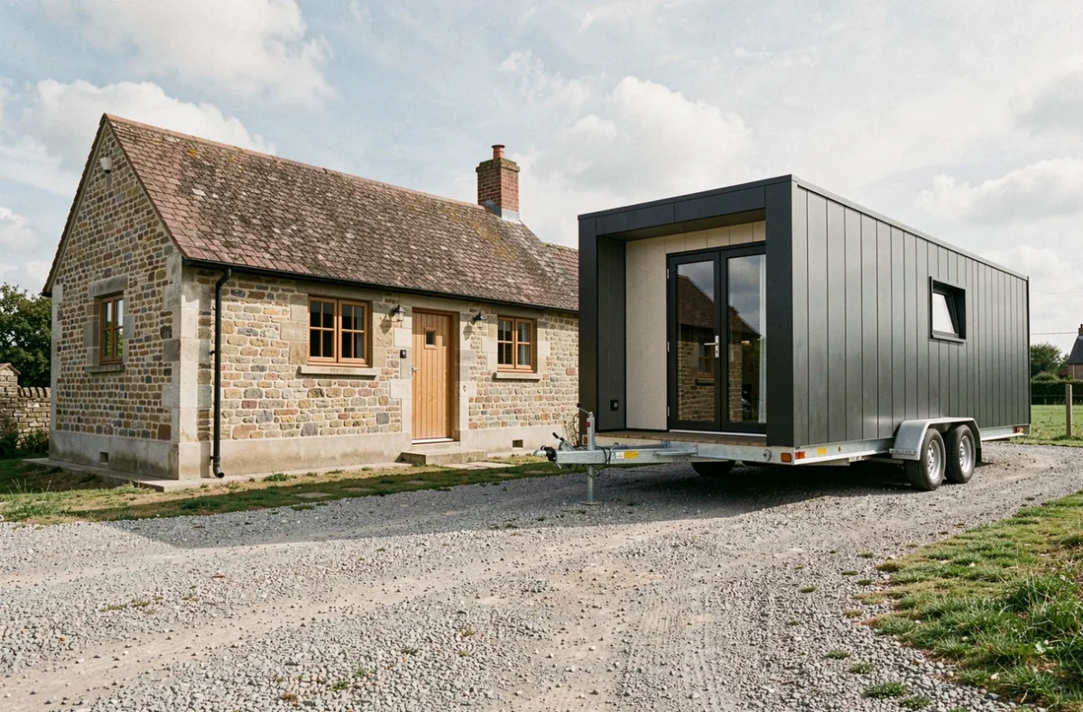 Comparaison côte à côte d'une maison fixe en pierre avec fondations et d'une tiny house mobile sur remorque illustrant les différences juridiques entre résidence fixe et mobile