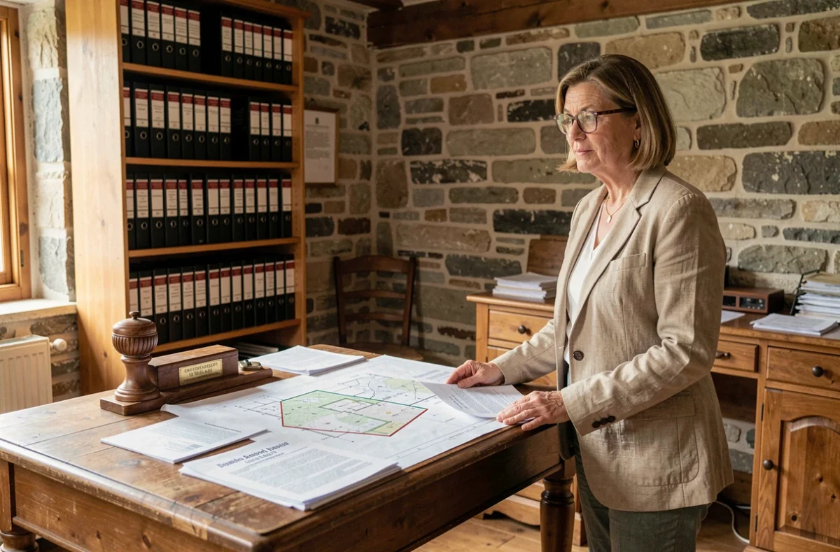 Femme consultante immobilière étudiant des documents juridiques sur la réglementation des résidences mobiles et tiny houses dans un bureau de notaire rural