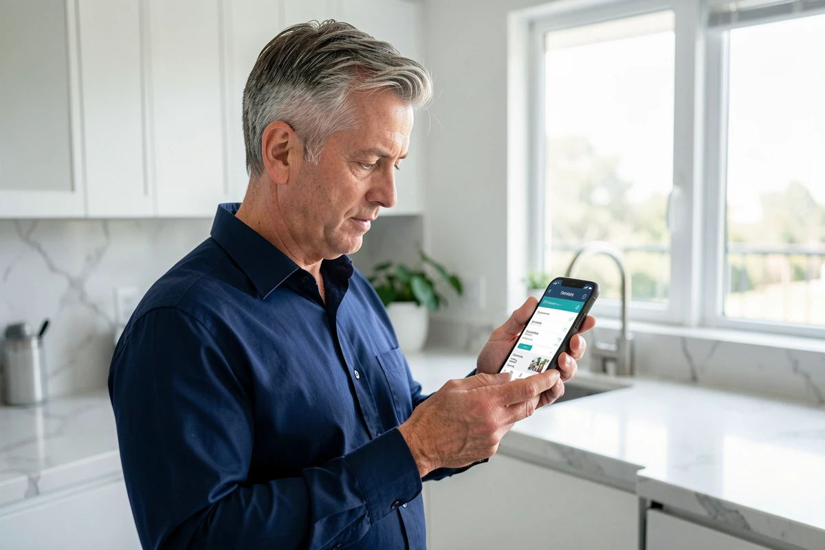 Copropriétaire consultant son compte MyFoncia sur smartphone dans une cuisine moderne pour gérer sa copropriété