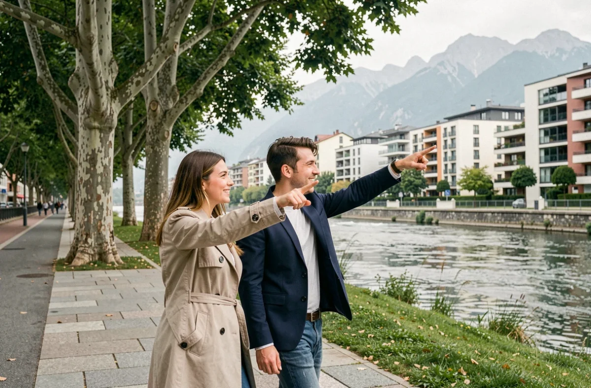 Couple de jeunes cadres se promenant sur les bords de l'Isère dans le quartier Île Verte à Grenoble, avec les montagnes en arrière-plan