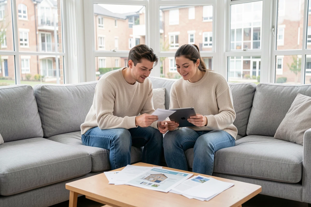 Couple de copropriétaires consultant ensemble les documents de leur compte MyFoncia Foncia sur tablette dans leur salon
