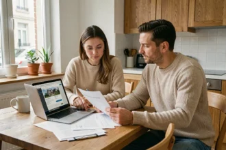 Couple étudiant un dossier de prêt immobilier de 200 000 euros à leur table de cuisine