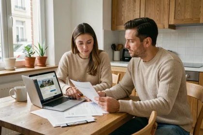 Couple étudiant un dossier de prêt immobilier de 200 000 euros à leur table de cuisine