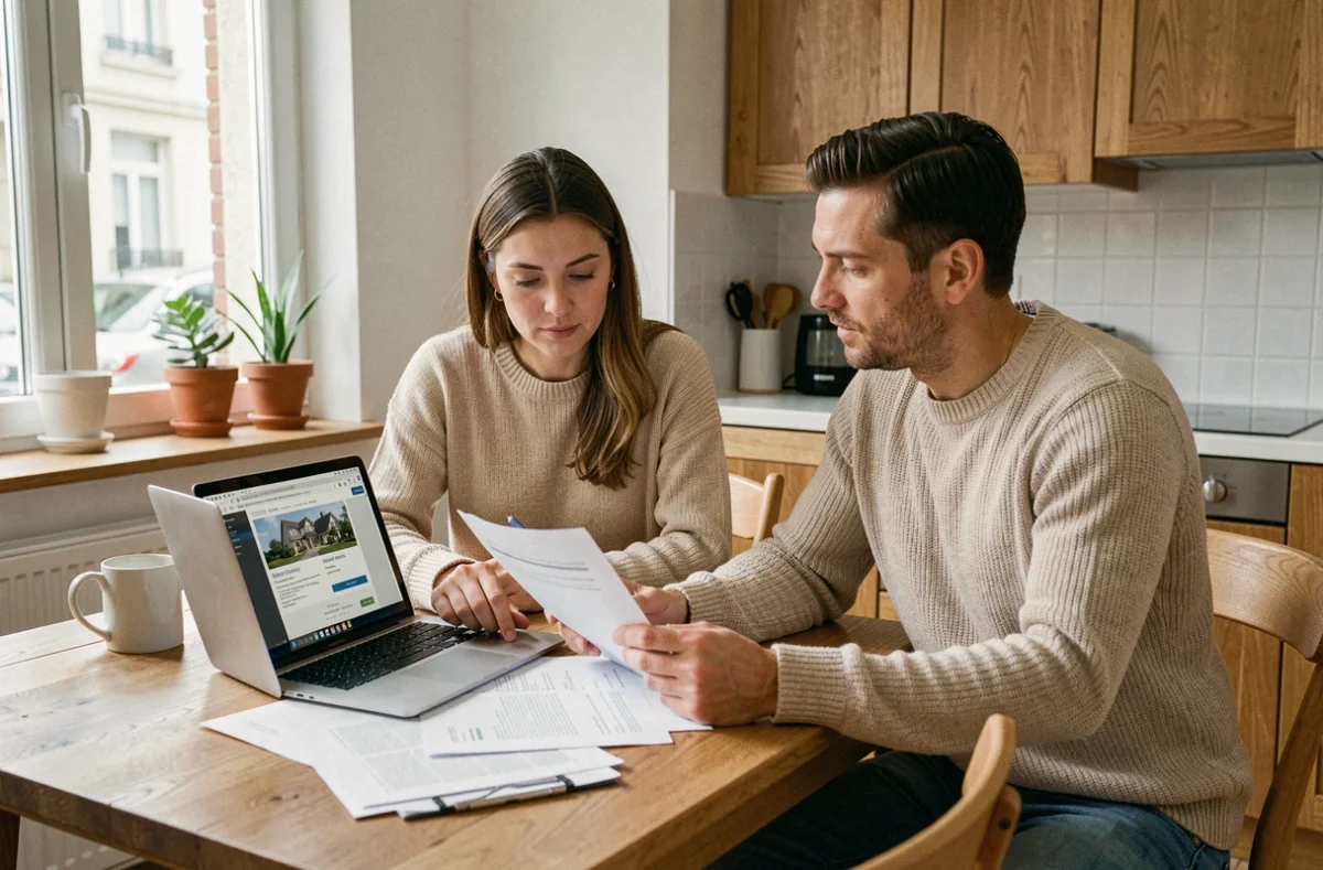 Couple étudiant un dossier de prêt immobilier de 200 000 euros à leur table de cuisine