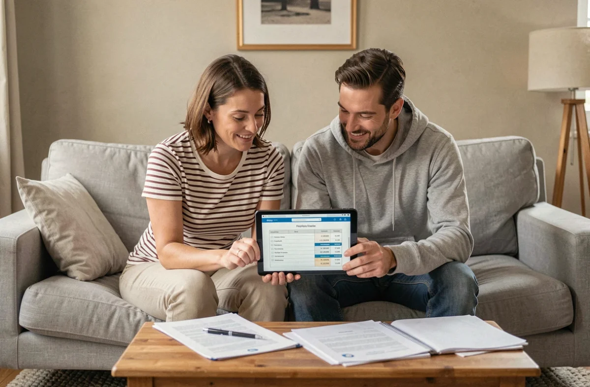 Couple vérifiant ensemble leur éligibilité aux annonces LOC et aux plafonds de ressources sur une tablette dans leur salon