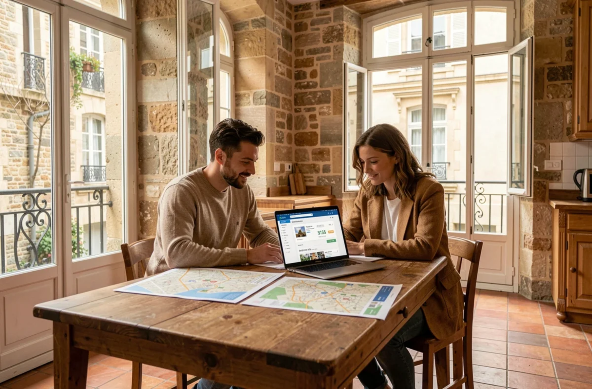 Couple consultant les prix de location par quartier à Lyon sur un site immobilier