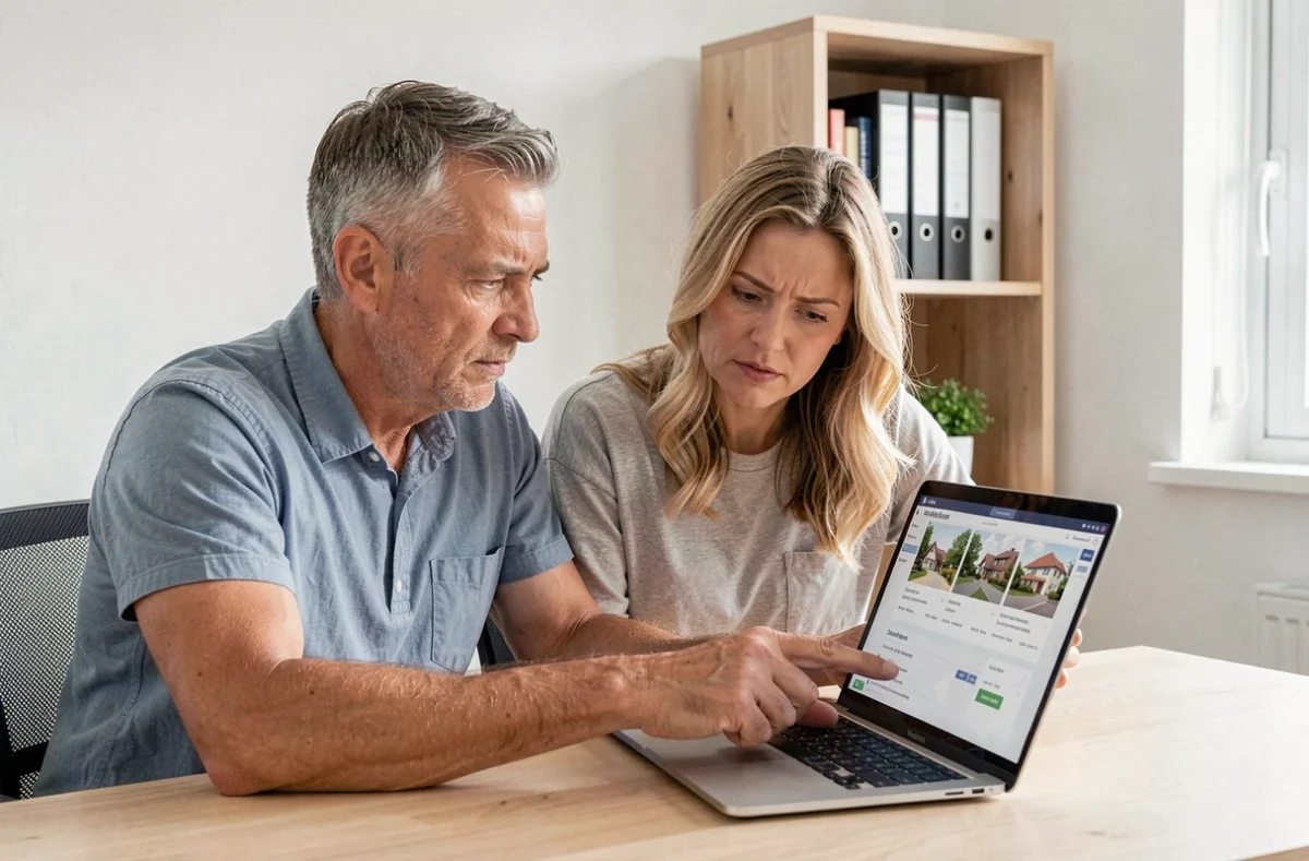 Couple de petits investisseurs étudiant une solution de gestion locative en ligne depuis leur bureau à domicile