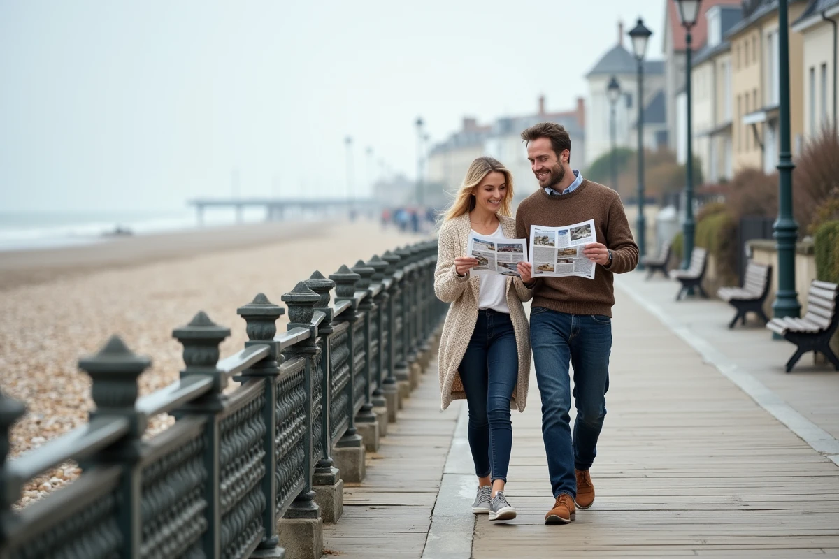Couple consultant des annonces immobilières sur la promenade du bord de mer en Normandie