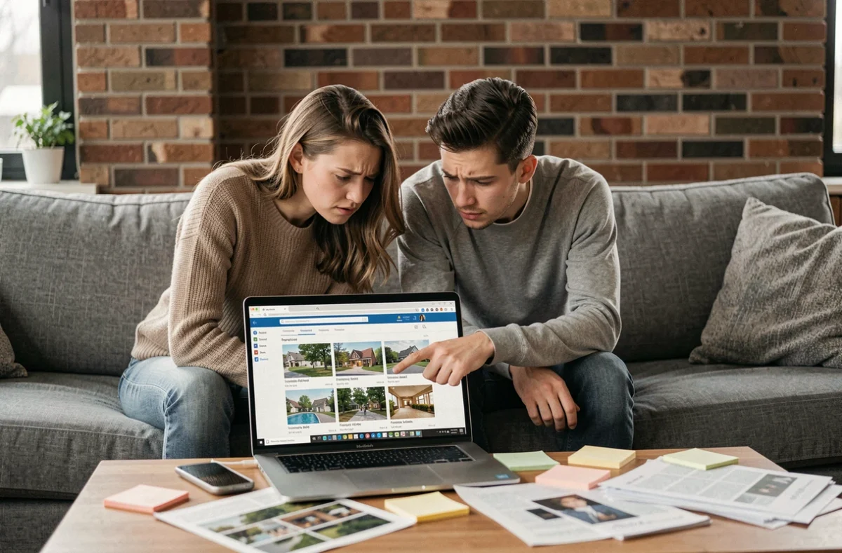 Couple analysant ensemble des résultats de recherche immobilière sur un canapé avec des documents imprimés