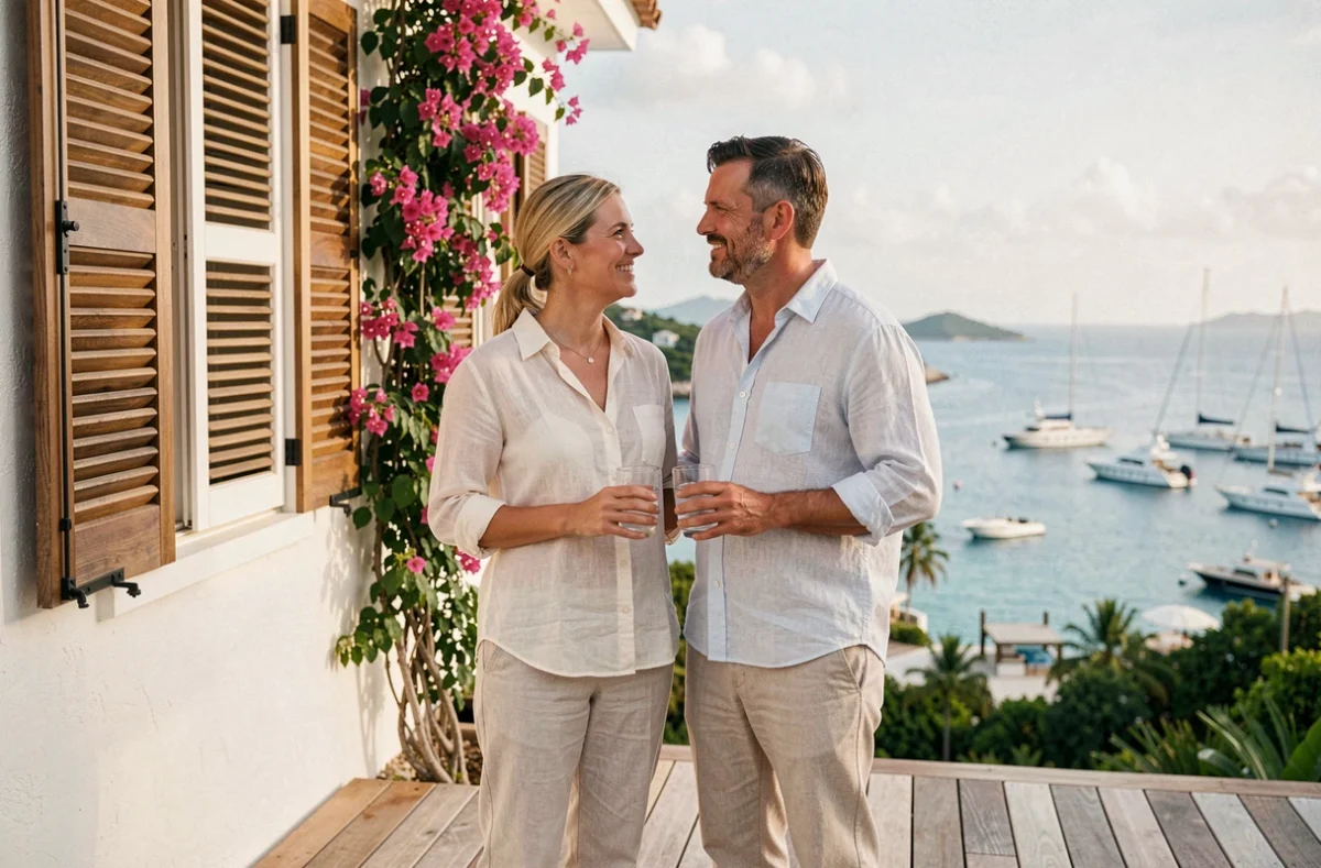 Couple profitant de la vue sur le port de Gustavia depuis la terrasse d'une villa de location à Saint-Barthélemy