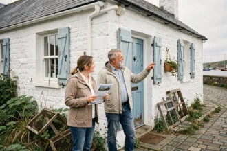 Couple visitant une maison de pêcheur à vendre avec murs en pierre blanchie et volets en bois bleu dans un village côtier