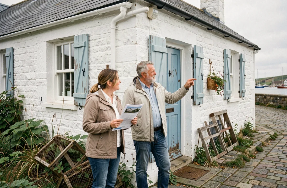 Couple visitant une maison de pêcheur à vendre avec murs en pierre blanchie et volets en bois bleu dans un village côtier