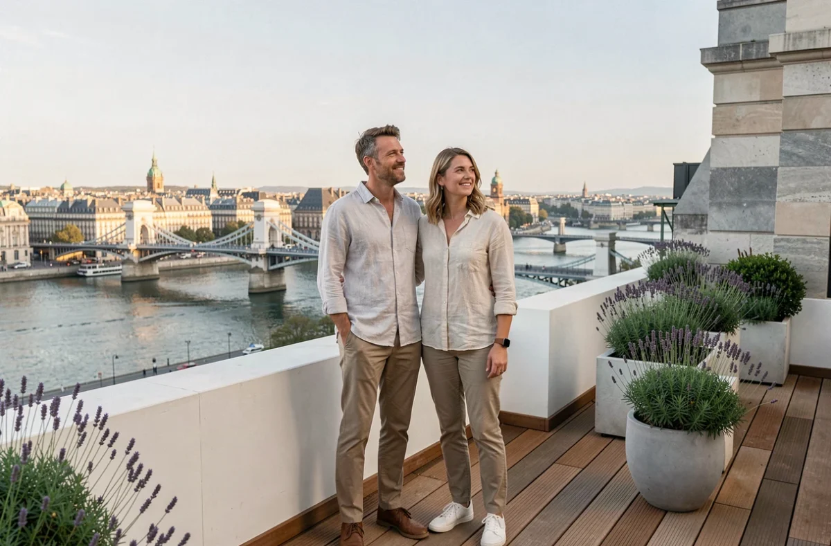 Couple visitant une terrasse de penthouse parisien avec vue panoramique sur la Seine lors d'une recherche immobilière