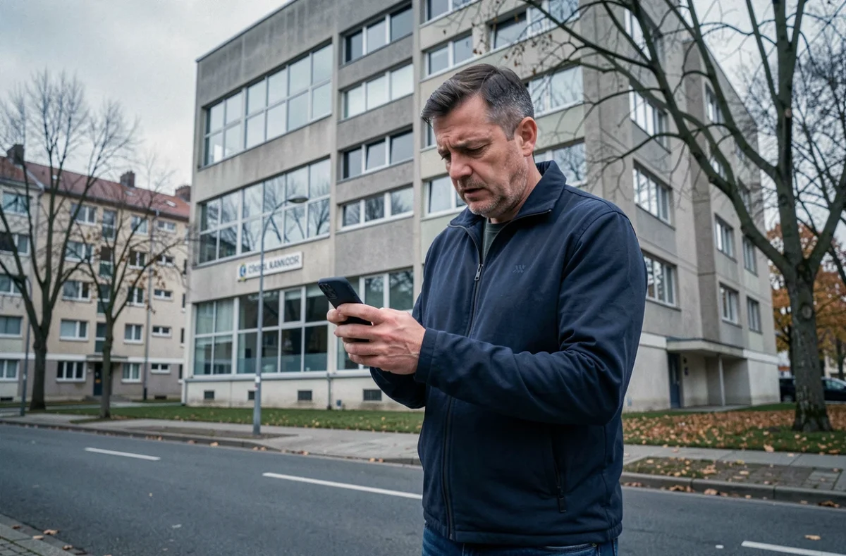 Homme attendant une réponse devant un office HLM après visite d'appartement social en consultant son téléphone