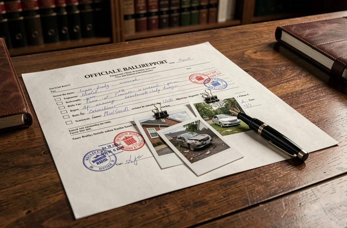 Document officiel de constat huissier avant travaux avec annotations, tampons et photos de dommages sur un bureau