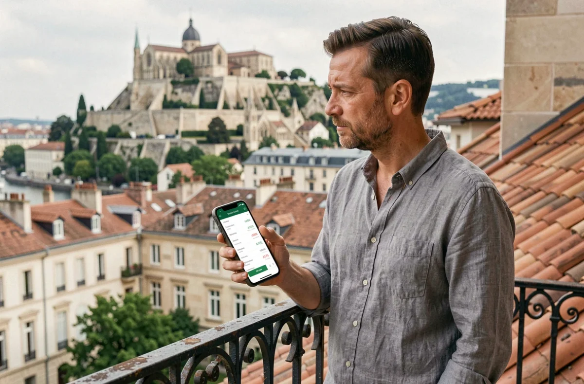 Homme consultant les prix de location au m2 à Lyon avec vue sur la Fourvière depuis un balcon