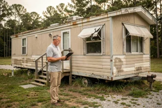 Homme évaluant un ancien mobil home en mauvais état avec une liste de contrôle, illustrant les erreurs courantes lors de la reprise d'un mobil home