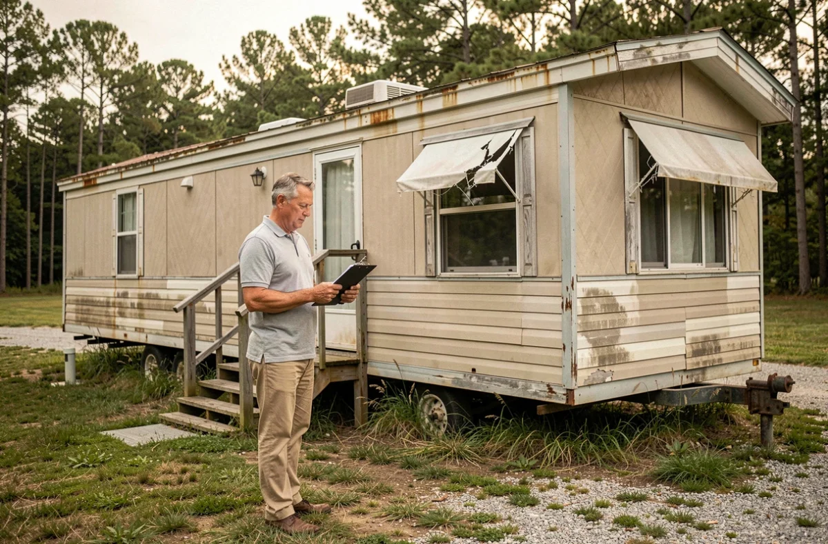 Homme évaluant un ancien mobil home en mauvais état avec une liste de contrôle, illustrant les erreurs courantes lors de la reprise d'un mobil home