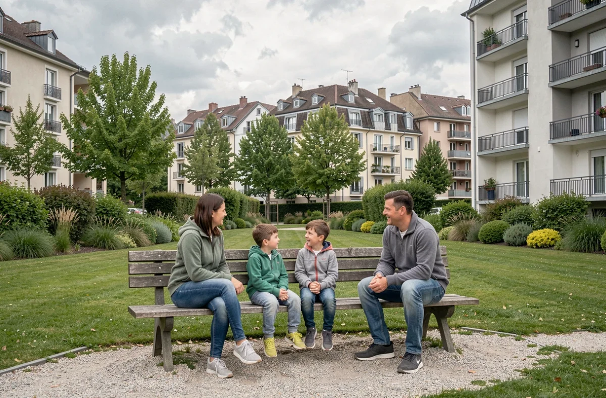 Famille avec enfants profitant d'un parc urbain du quartier Île Verte à Grenoble lors d'un week-end ensoleillé
