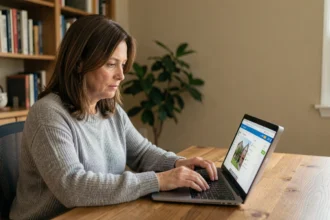 Femme connectée à son espace MyFoncia mon compte copropriété depuis son bureau à domicile sur un ordinateur portable