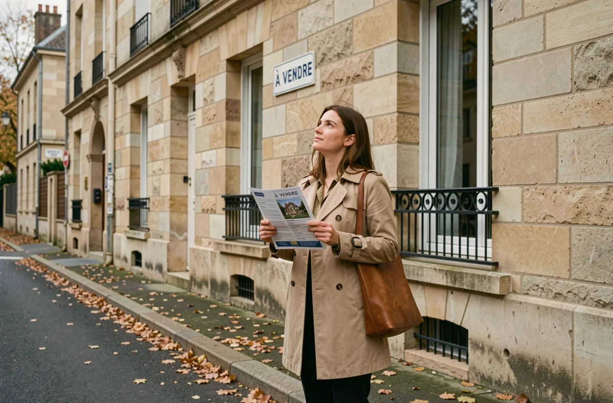 Jeune femme devant un immeuble à vendre envisageant un emprunt immobilier de 200 000 euros