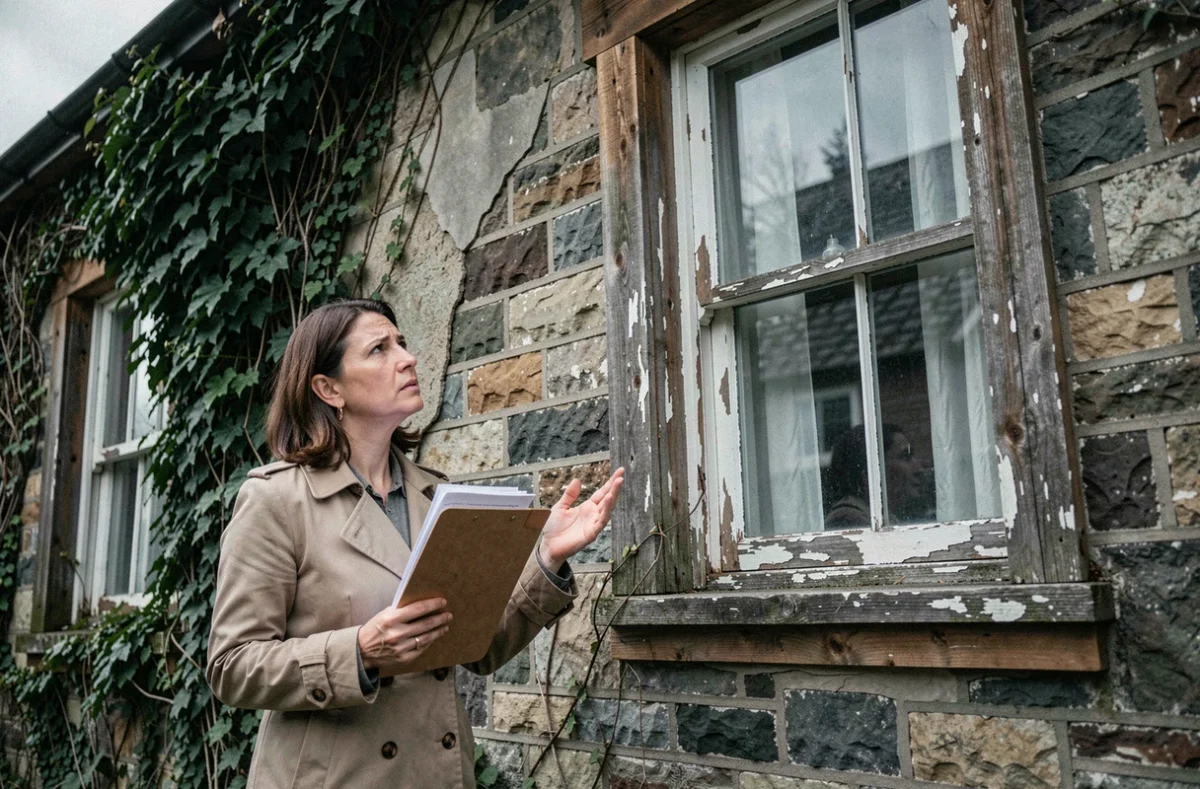 Une femme inspectant la façade défectueuse d'une maison en vente, découvrant des vices cachés dissimulés par le vendeur