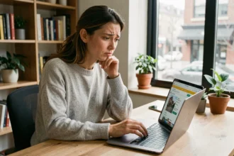 Femme consultant un site de recherche immobilière sur son ordinateur portable avec une expression de confusion