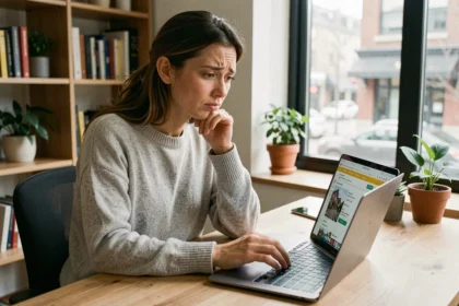 Femme consultant un site de recherche immobilière sur son ordinateur portable avec une expression de confusion