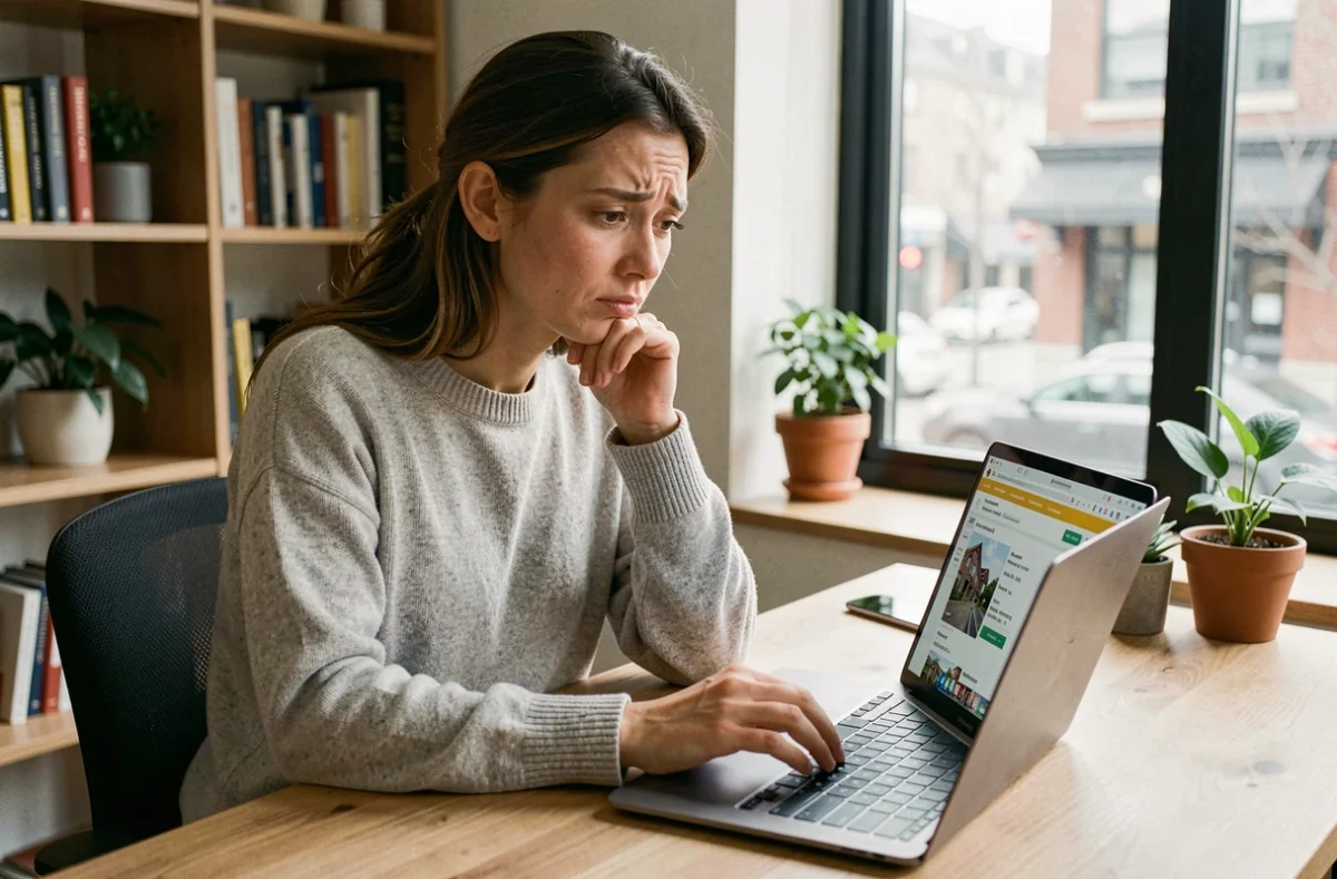 Femme consultant un site de recherche immobilière sur son ordinateur portable avec une expression de confusion