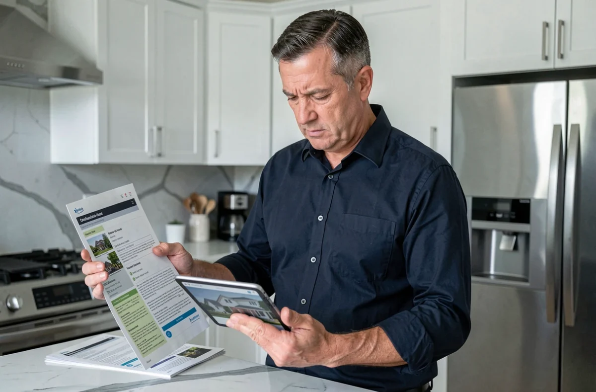 Homme comparant des annonces immobilières imprimées avec une tablette dans une cuisine moderne