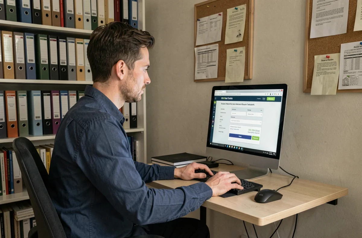 Homme vérifiant les plafonds de ressources LOC annonces sur ordinateur de bureau dans un bureau à domicile