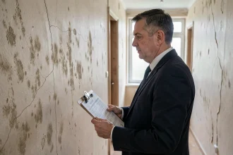 Huissier de justice inspectant des fissures murales avant travaux dans un couloir d'appartement ancien