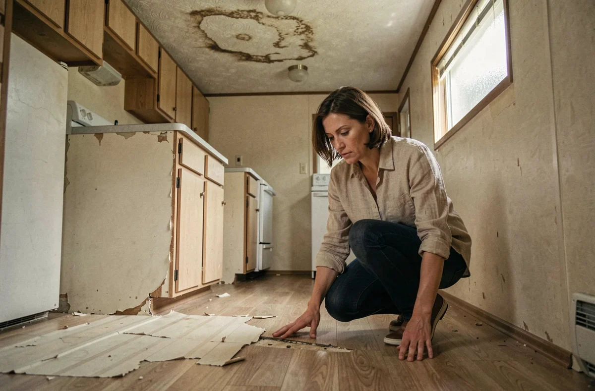Intérieur vétuste d'un ancien mobil home avec plancher décollé et taches d'humidité au plafond, détails qui font baisser le prix lors d'une reprise