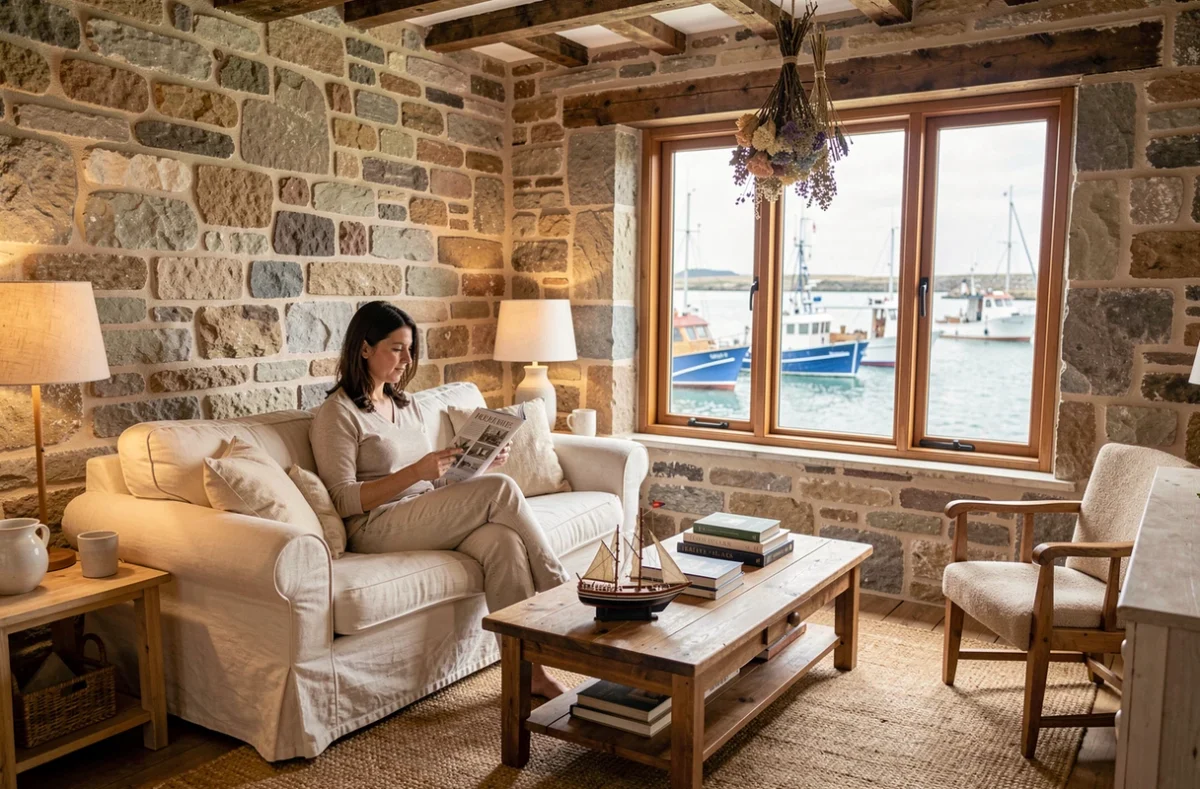 Intérieur rénové d'une maison de pêcheur transformée en résidence principale avec vue sur le port et décoration côtière