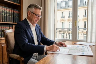 Investisseur prudent examinant des documents immobiliers pour un achat en viager libre en Île-de-France