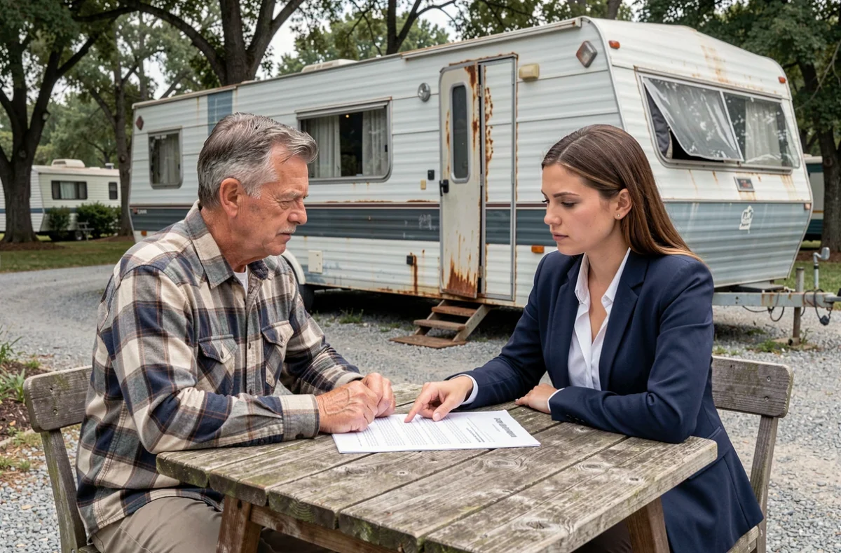 Deux personnes négociant le prix de reprise d'un ancien mobil home autour d'un document, illustrant les erreurs de négociation fréquentes