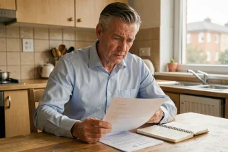 Petit investisseur immobilier examinant des documents de gestion locative à son domicile