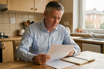 Petit investisseur immobilier examinant des documents de gestion locative à son domicile
