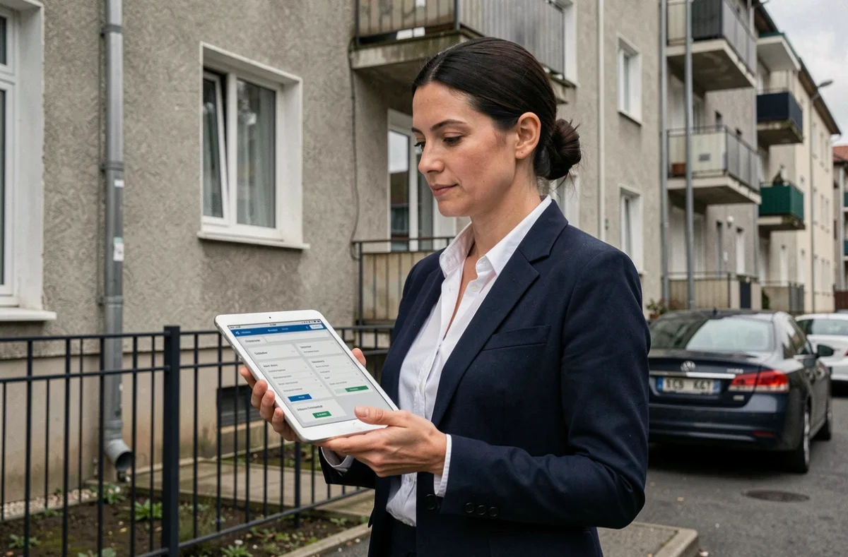 Propriétaire unique devant son immeuble résidentiel consultant une application de gestion immobilière