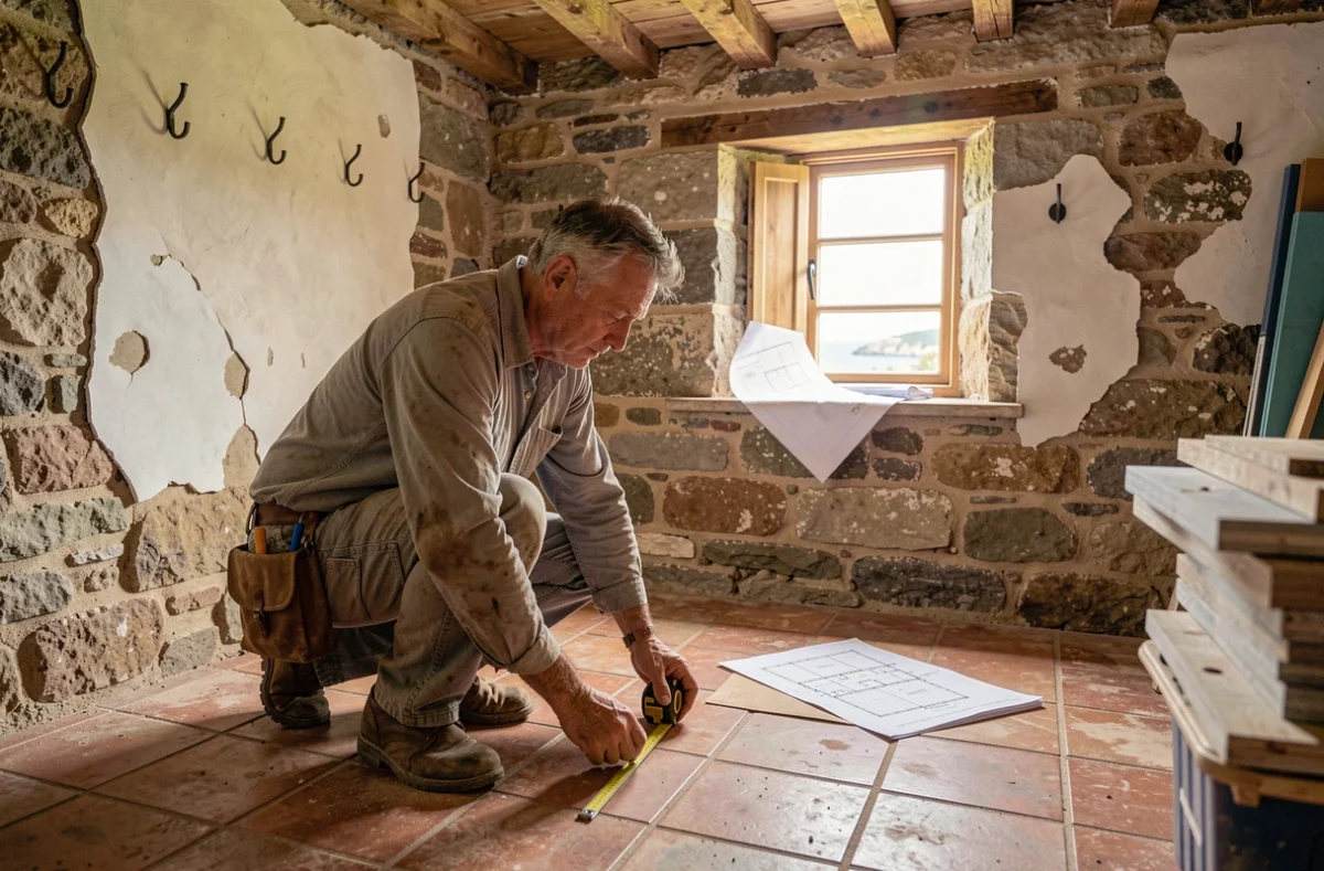Artisan inspectant le sol en carrelage d'une maison de pêcheur en cours de rénovation avec murs en pierre apparente