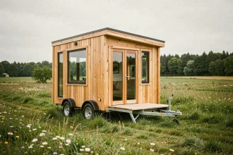 Tiny house sur roues garée sur un terrain non constructible en zone rurale, maison mobile en bois avec terrasse pliante et grandes fenêtres