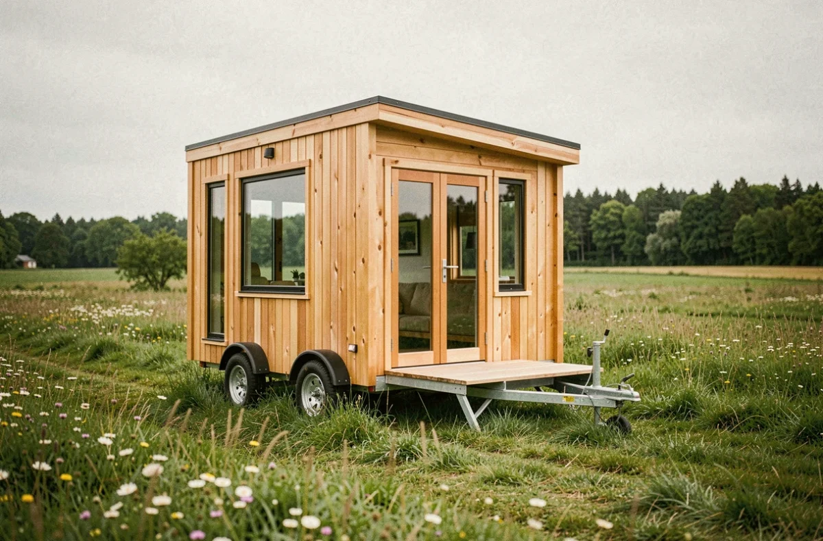 Tiny house sur roues garée sur un terrain non constructible en zone rurale, maison mobile en bois avec terrasse pliante et grandes fenêtres