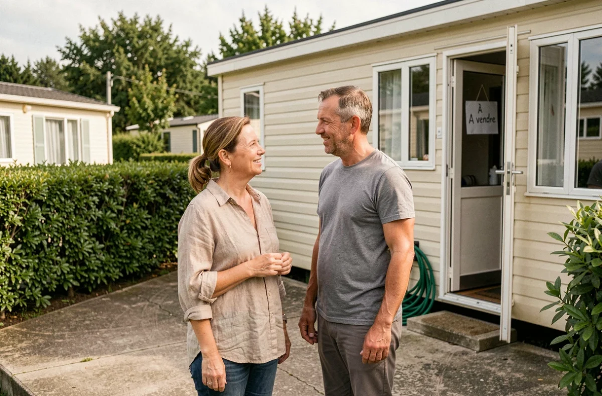 Couple particulier vendant leur mobil-home occasion sur un emplacement de camping ouvert à l'année
