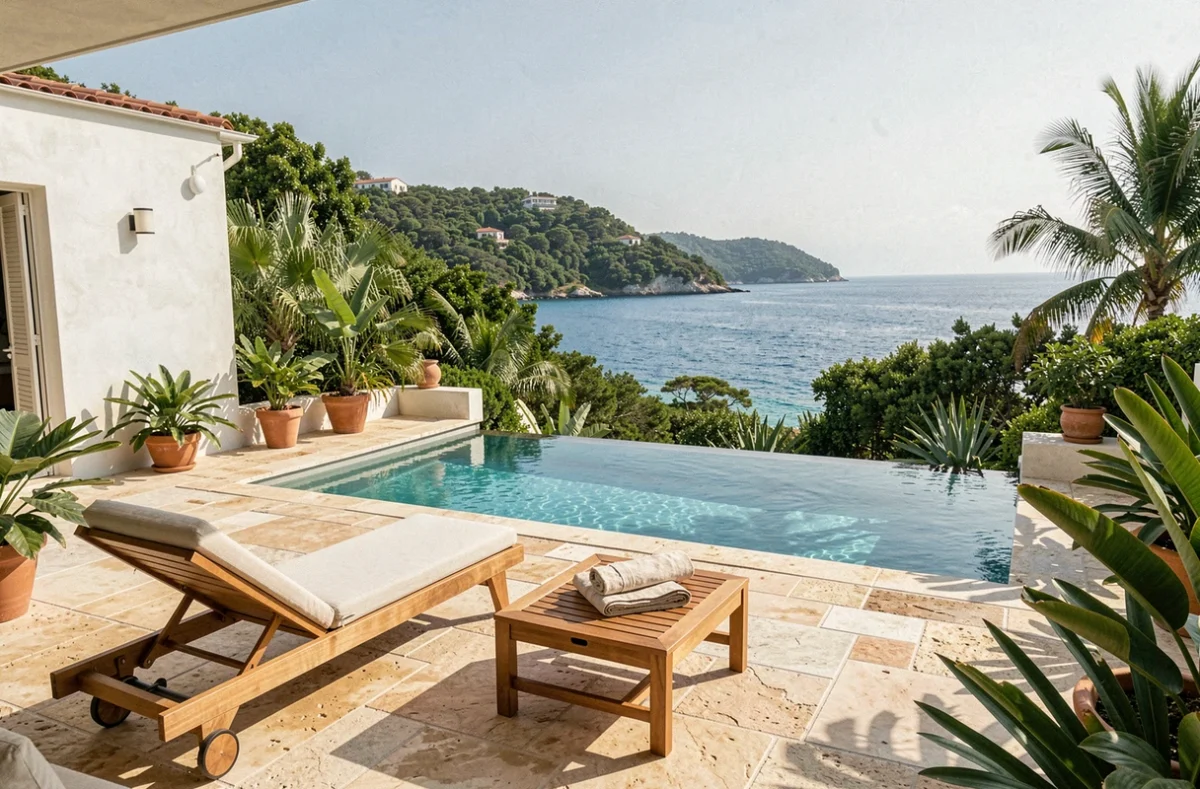 Terrasse de villa de luxe à Saint-Barthélemy avec piscine à débordement et vue panoramique sur la mer des Caraïbes