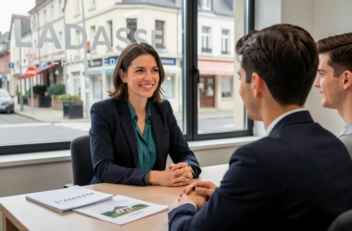 Consultante de l'agence L'Adresse Épinal en rendez-vous avec des clients pour un projet immobilier